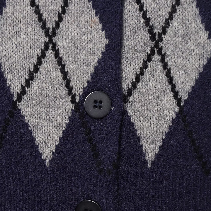 Women's argyle knit cardigan with shirt collar and full button placket Mune Fashion