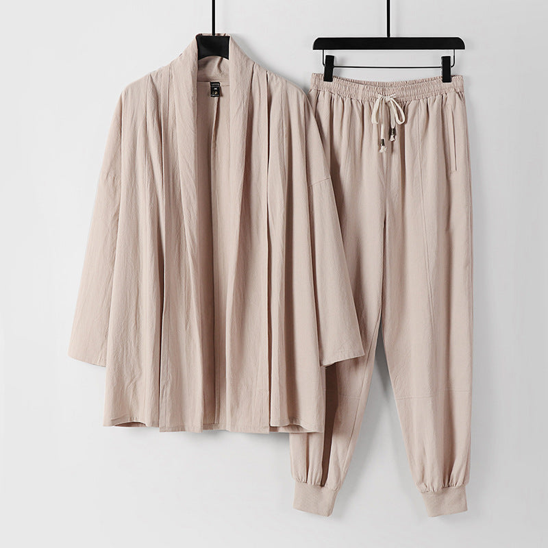 Unisex Airy Leisure Set in Kimono Style with Shawl Collar Jacket and Tapered Jogger Pants Mune Fashion