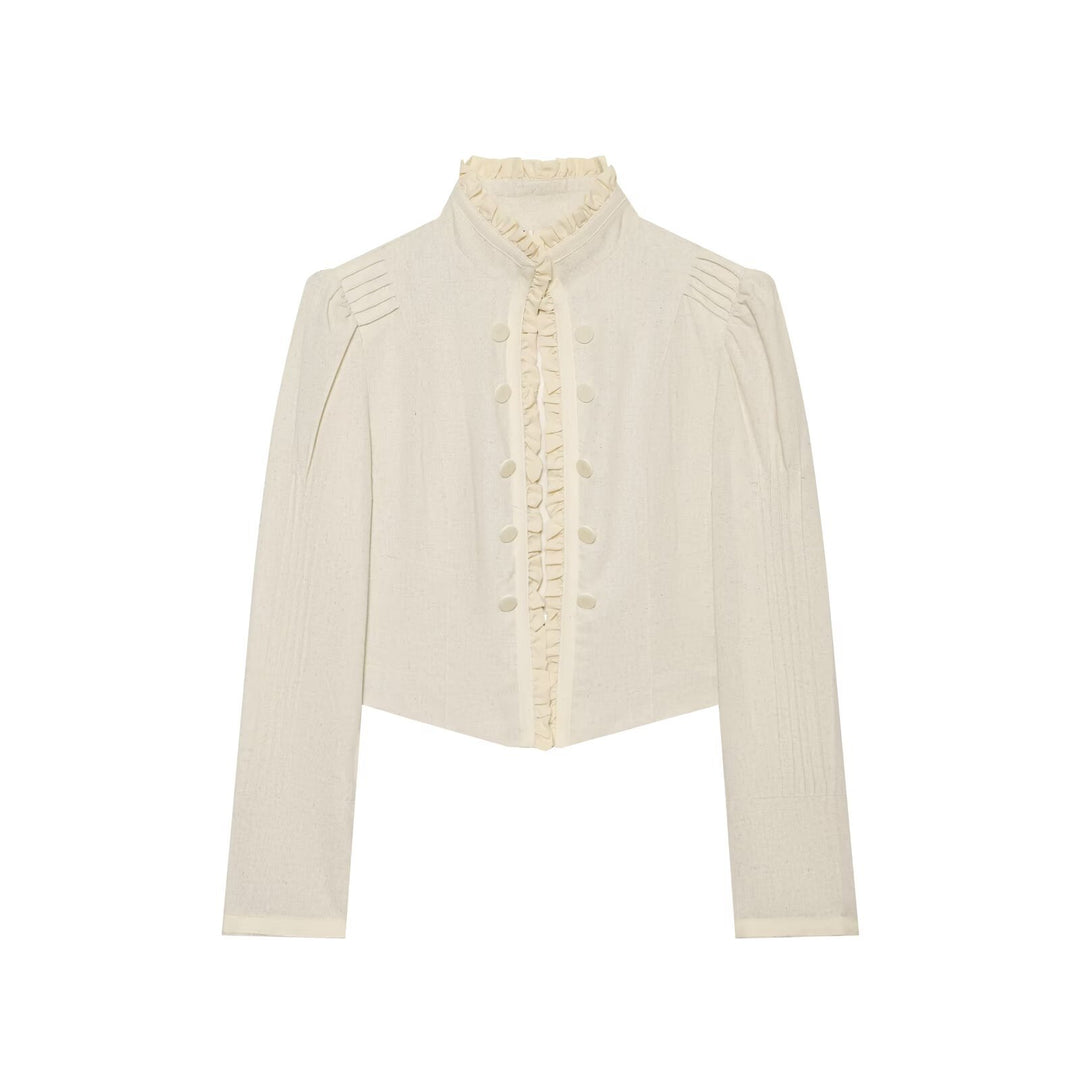 Women Short Victorian-inspired Jacket with Ruffle Collar and Decorative Button Placket Mune Fashion