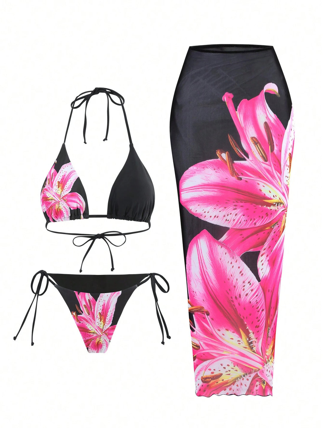 Women's bikini set with floral pattern and matching wrap skirt Mune Fashion