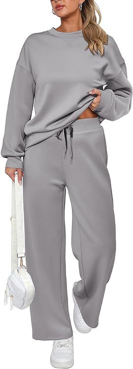 Women's two-piece French terry lounge set with oversized round neck pullover and wide high waist jogger Mune Fashion
