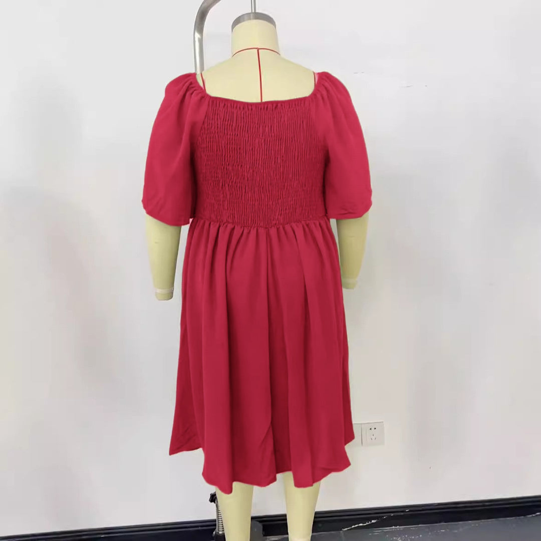 Women A-line midi dress with knot detail, puff sleeves and button placket Mune Fashion