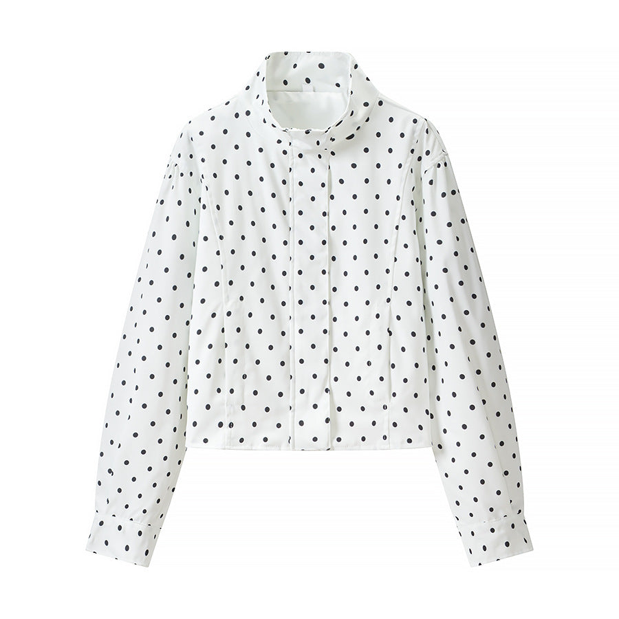 Women Polka Dot Short Jacket with Stand Collar and Concealed Snap Button Placket Mune Fashion