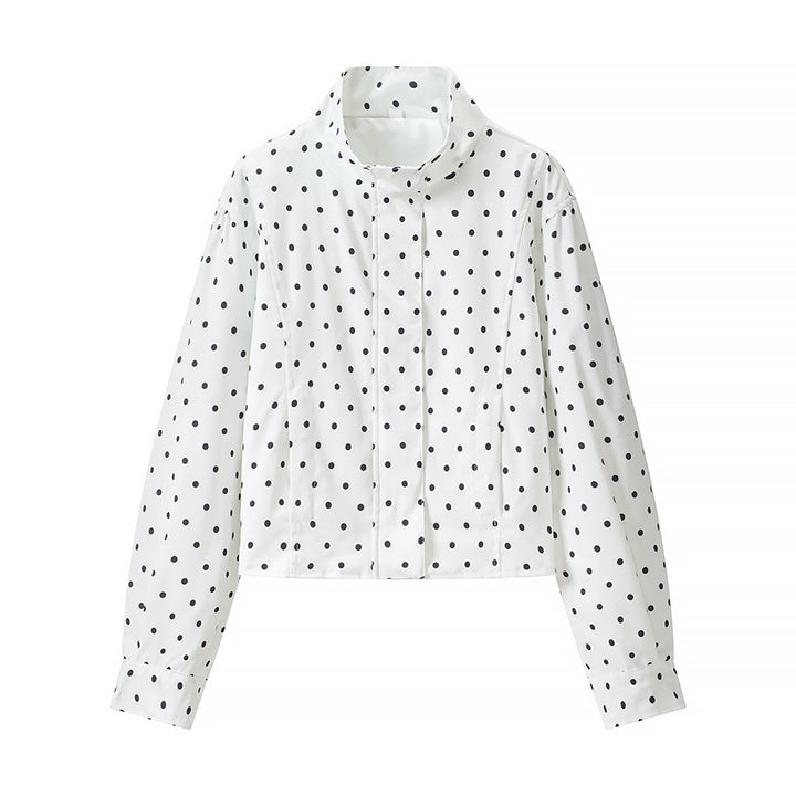 Women Polka Dot Short Jacket with Stand Collar and Concealed Snap Button Placket Mune Fashion