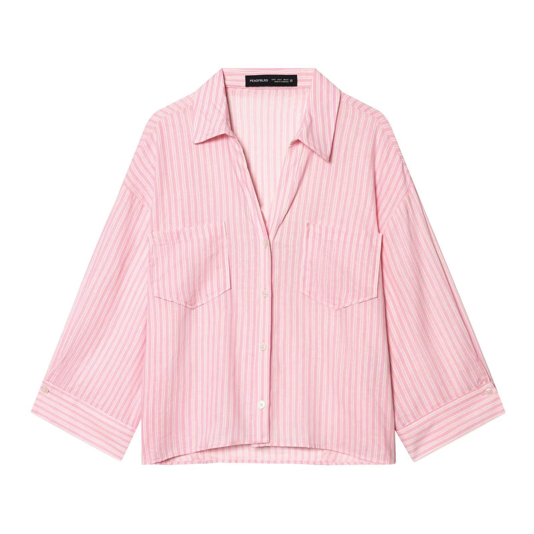 Women's Oversized Shirt Blouse with Chest Pockets, Three-Quarter Sleeves, and Curved Back Hem Mune Fashion