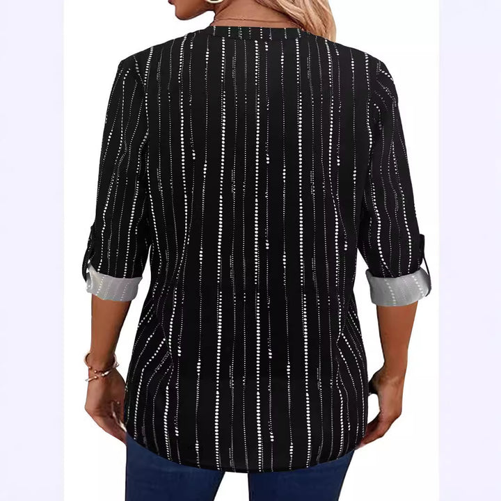 Women's Lightweight Viscose Blouse with Stand-up Collar, Zipper and Vertical Polka Dot Stripes Mune Fashion