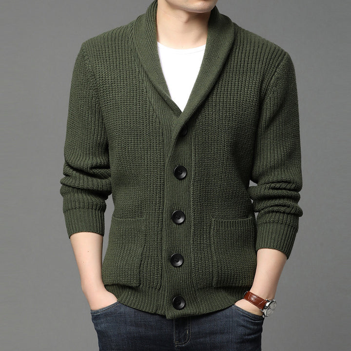 Men's chunky knit cardigan with shawl collar, patch pockets, and button placket Mune Fashion