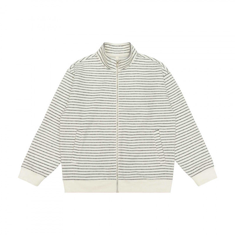 Unisex Striped Knit Zip Jacket with Stand-up Collar and Patch Pockets Mune Fashion