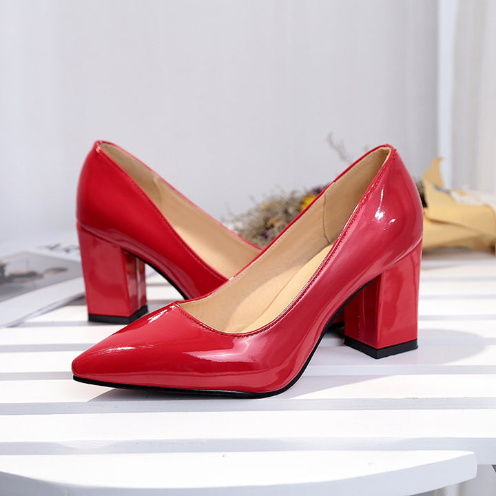 Women's Elegant Patent Pumps with Pointed Toe, Padded Comfort Insole, and Medium Height Block Heel Mune Fashion