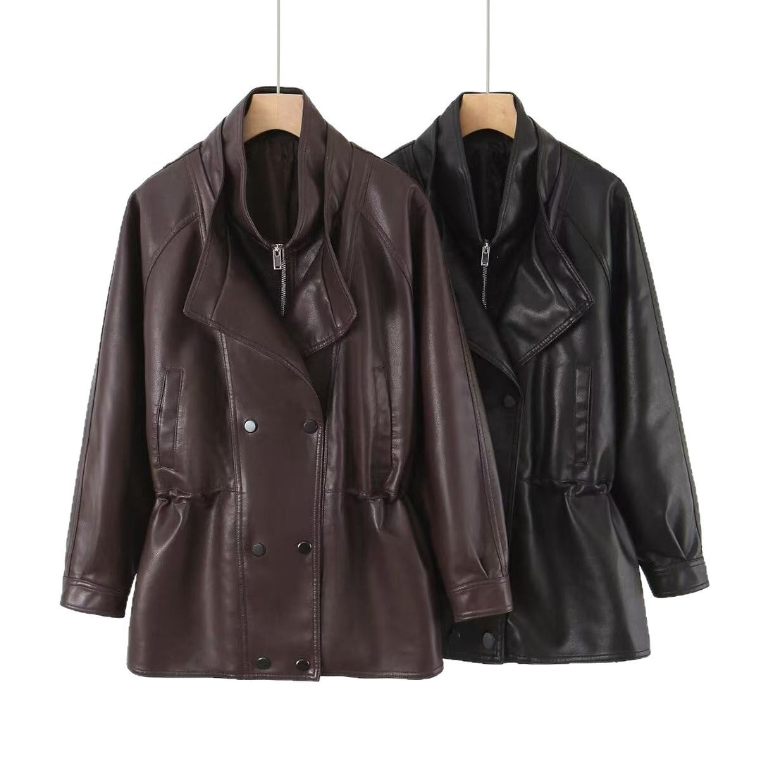 Women's Oversized Faux Leather Jacket with High Standing Collar and Double-Breasted Button Placket Mune Fashion