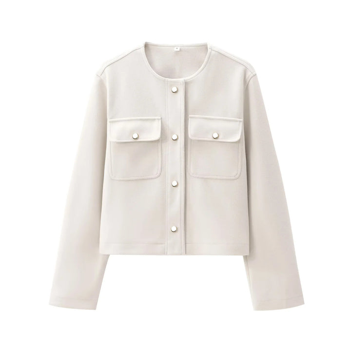 Women's short cut overshirt jacket with round neck, snap button placket and patch pockets Mune Fashion