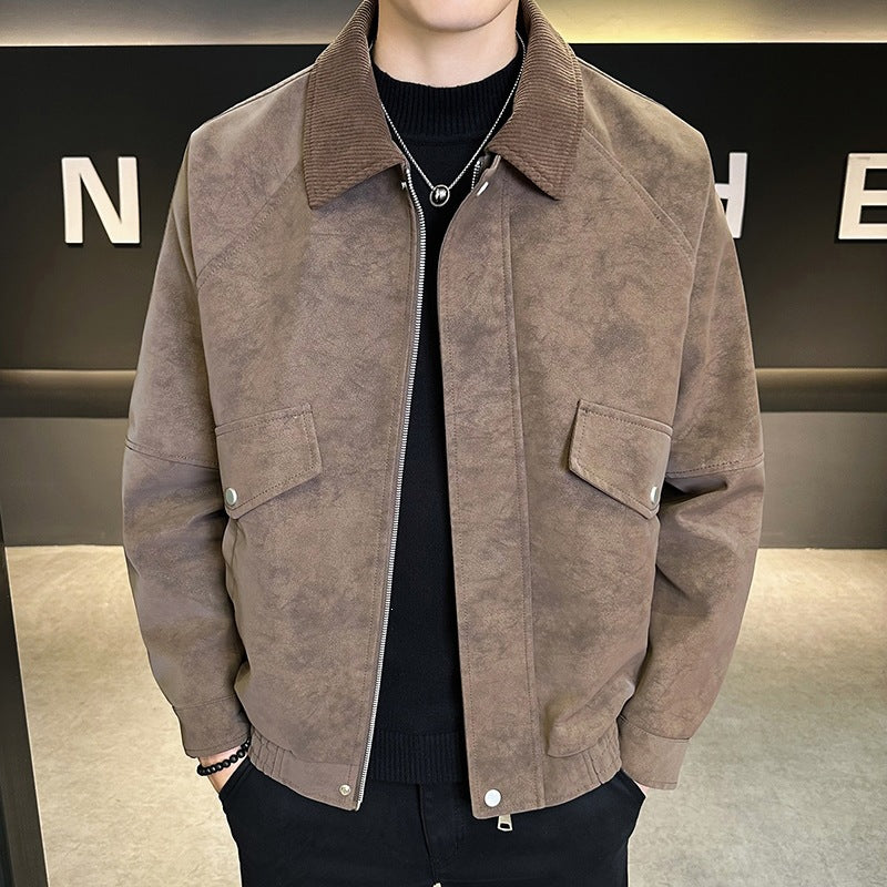 Men's Oversized Velour-Look Transitional Blouson with Shirt Collar, Zipper & Elastic Hem