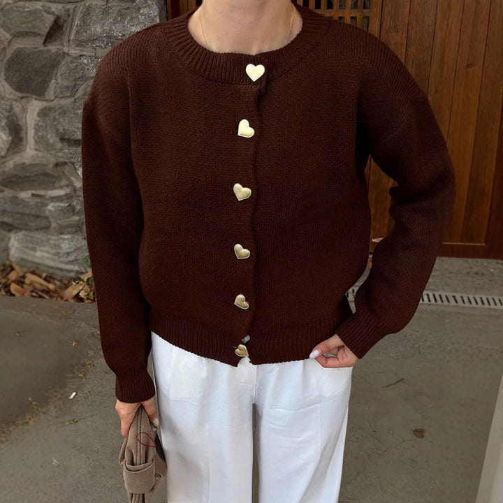 Women's Short Cardigan with Heart Buttons, Textured Fine Knit Look & Ribbed Hem Mune Fashion