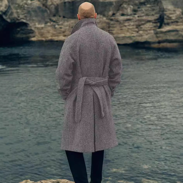 Men's Double-Breasted Wool Blend Coat with Herringbone Pattern and Waist Belt Mune Fashion