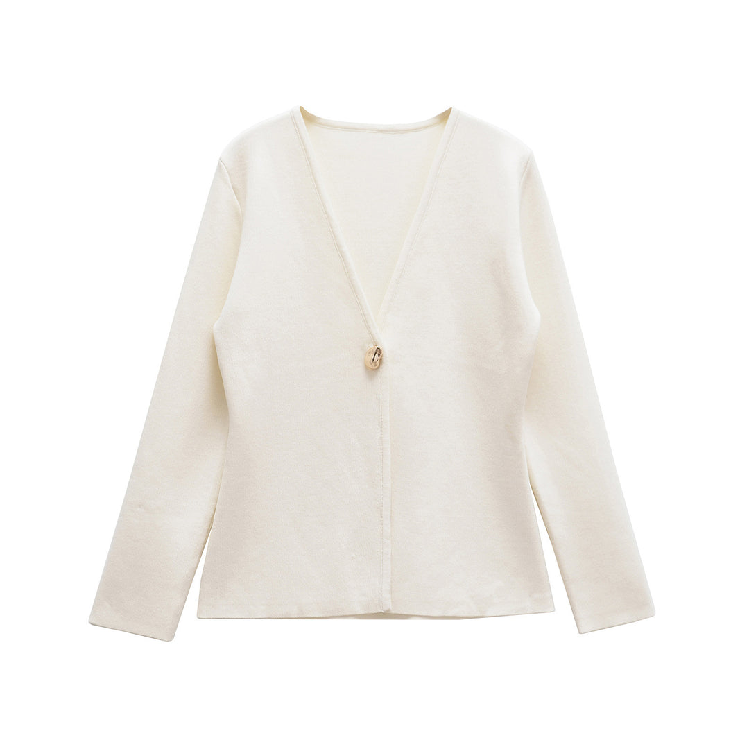 Ladies Fine V-Neck Cardigan with Decorative Button and Boxy Silhouette Mune Fashion