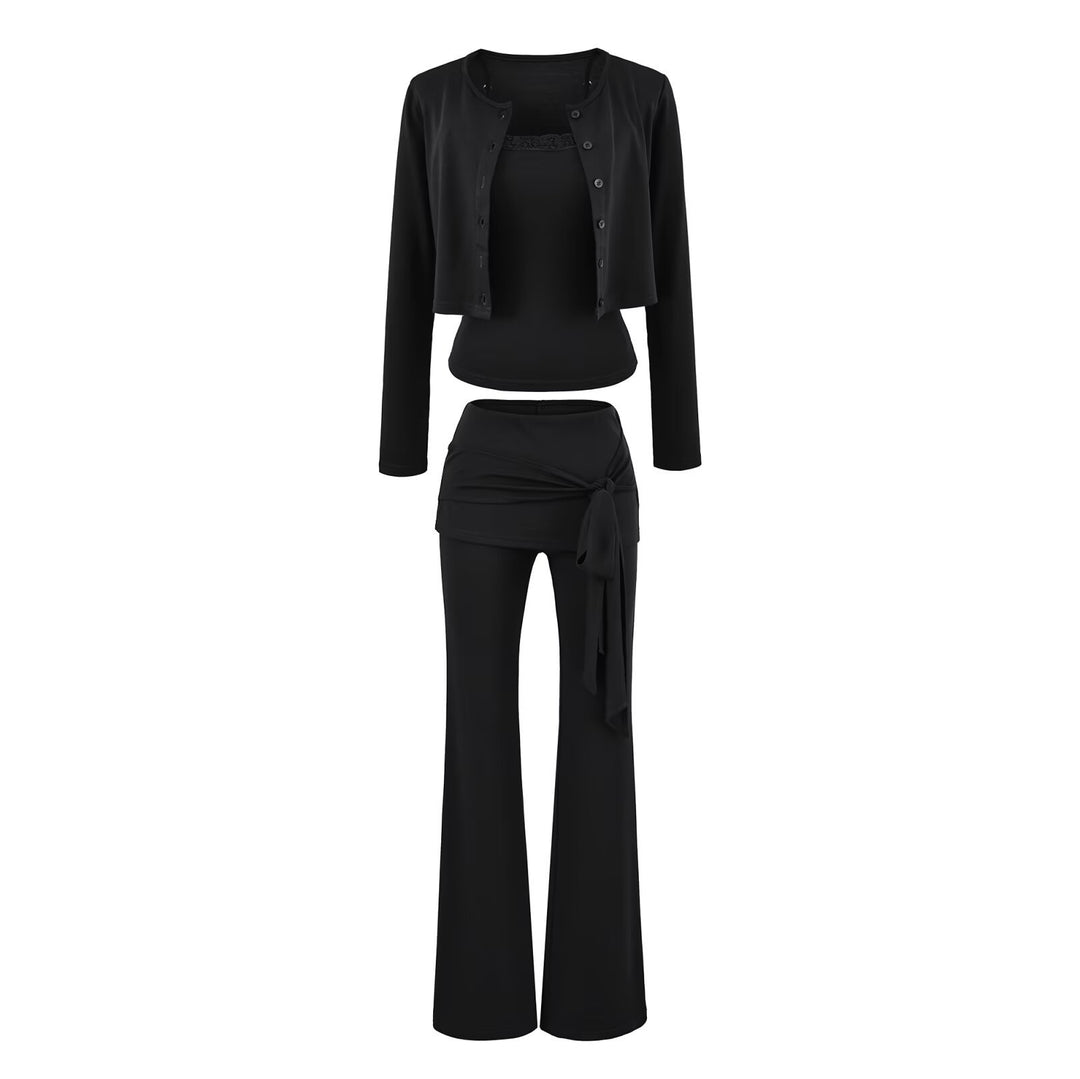 Women's three-piece lounge set with short button cardigan, lace top, and wrap flare pants Mune Fashion