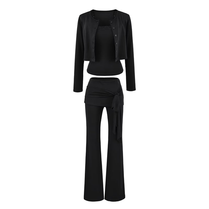 Women's three-piece lounge set with short button cardigan, lace top, and wrap flare pants Mune Fashion