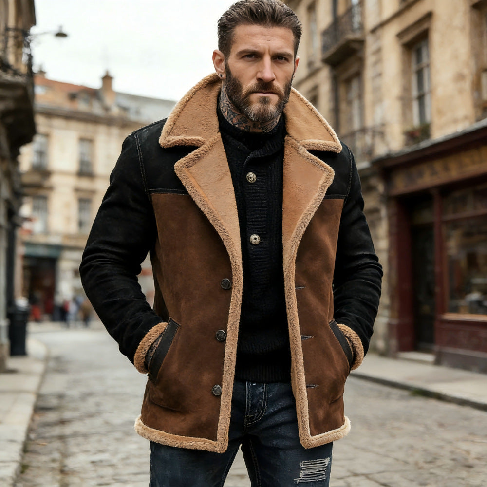 Men's Long Faux Shearling Coat with Shawl Collar, Contrast Sleeves, and Flap Pockets Mune Fashion