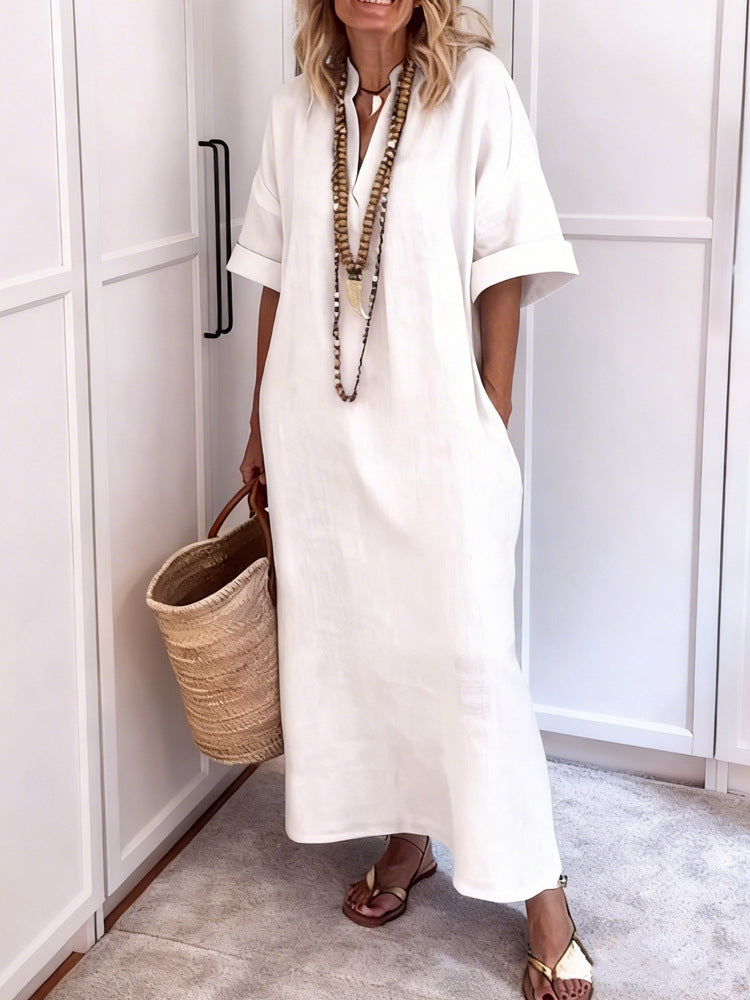 Women's Linen Maxi Dress with V-Neck and Practical Pockets Mune Fashion
