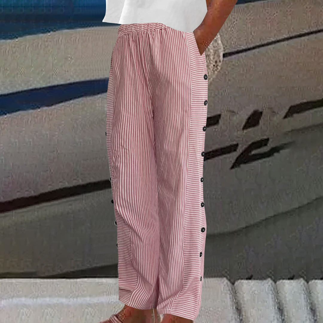 Women Lightweight Striped Trousers with Side Button Plackets and Elastic Waistband Mune Fashion
