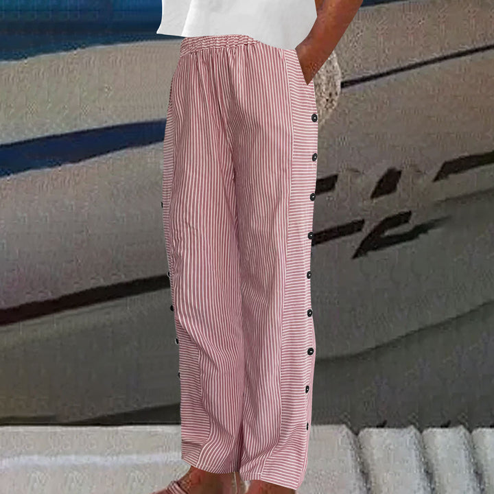 Women Lightweight Striped Trousers with Side Button Plackets and Elastic Waistband Mune Fashion