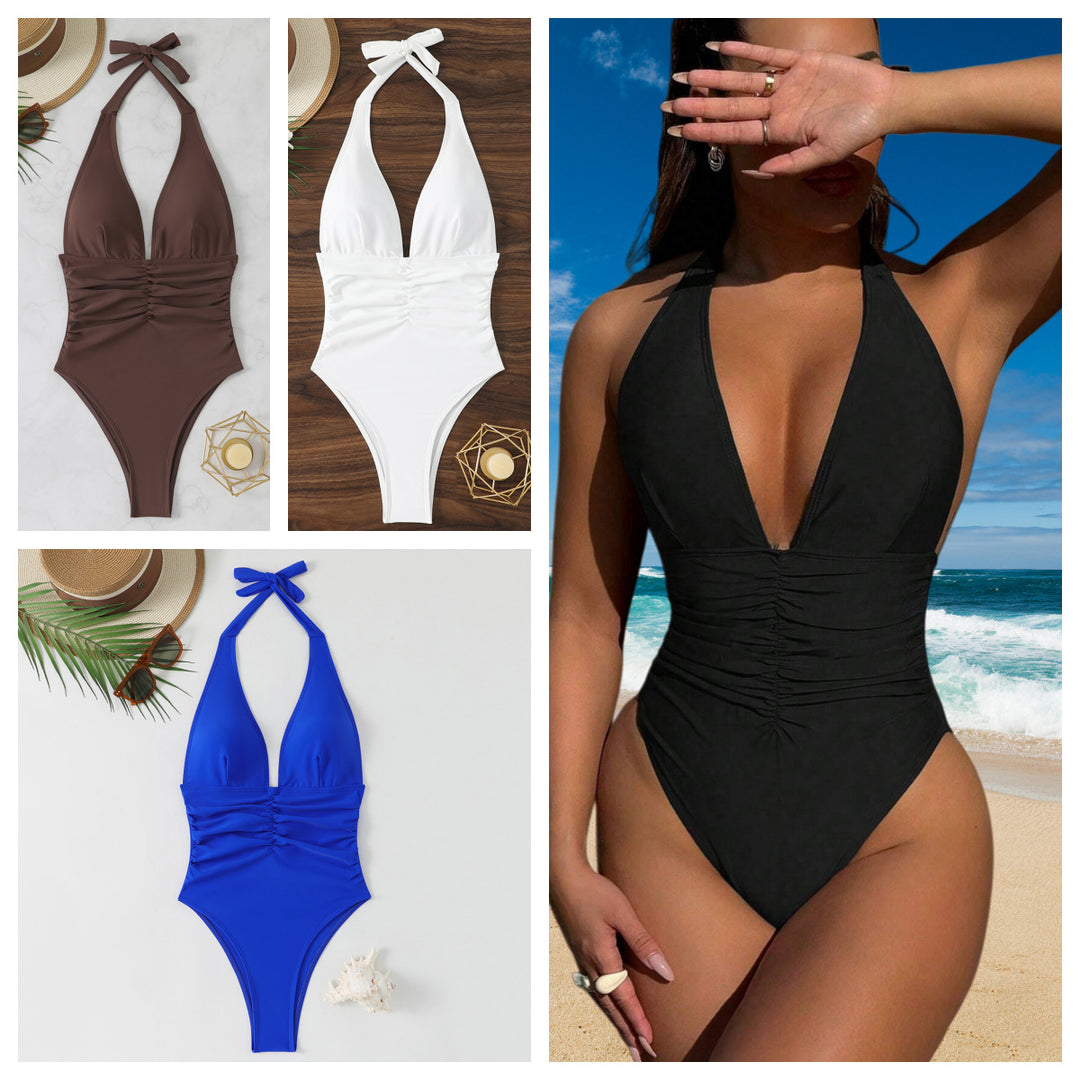 Women's high-cut swimsuit with elegant V-neckline and playful ruffle detail Mune Fashion