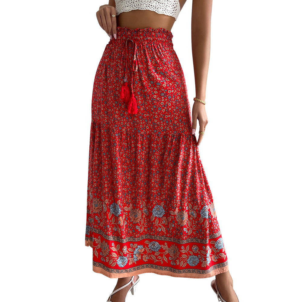 Ladies nan lightweight tiered maxi skirt with elastic ruffle waistband, cord tassel and delicate paisley print Mune Fashion