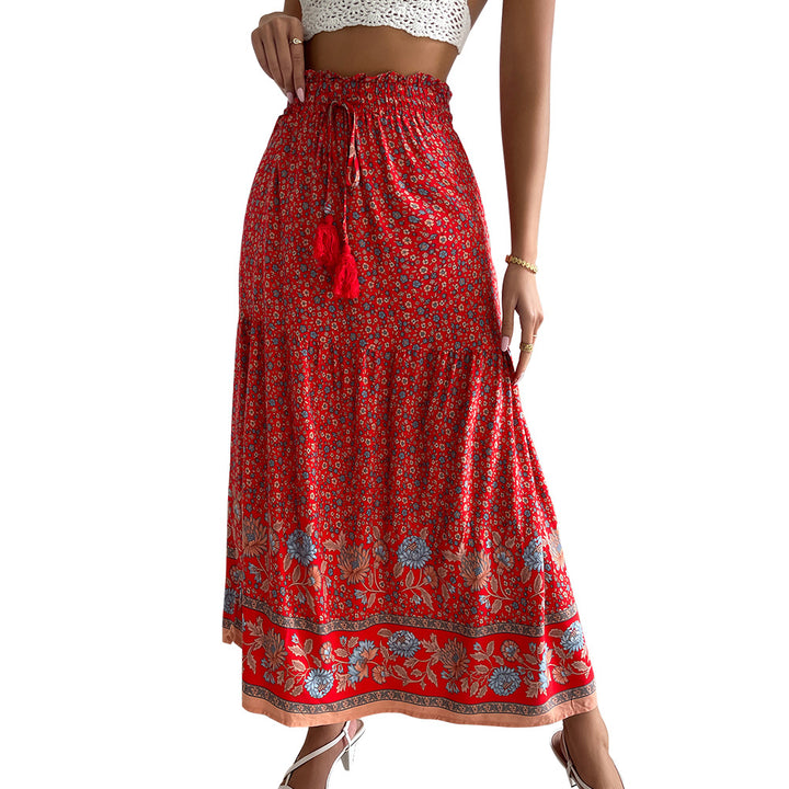 Ladies nan lightweight tiered maxi skirt with elastic ruffle waistband, cord tassel and delicate paisley print Mune Fashion
