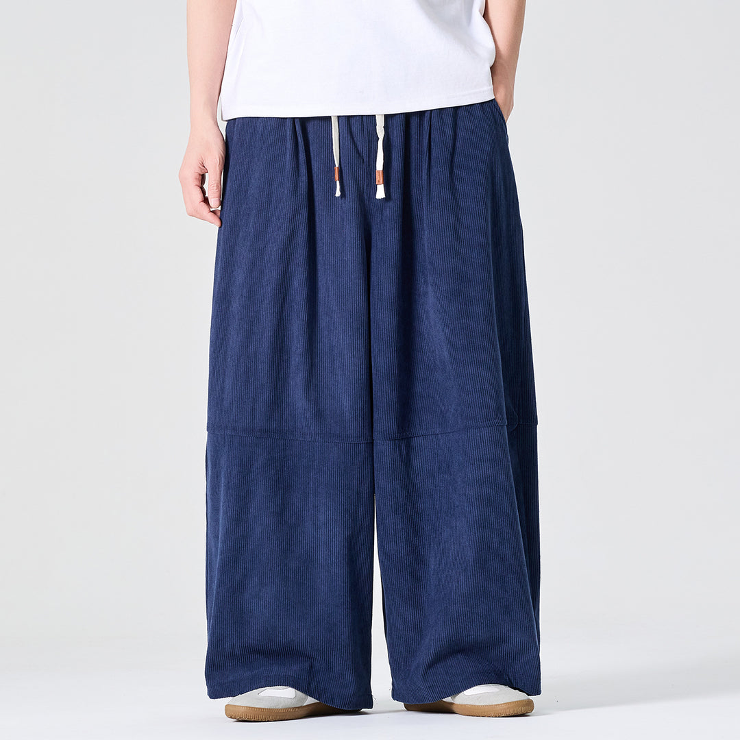 Men's Wide Cord Pants in Palazzo Cut with Elastic Waistband and Drawstring Mune Fashion