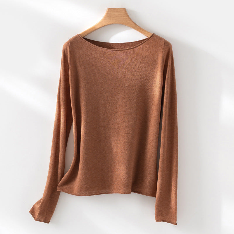 Women's Long Sleeve Fine Knit Shirt with Boat Neck and Light Draping Mune Fashion