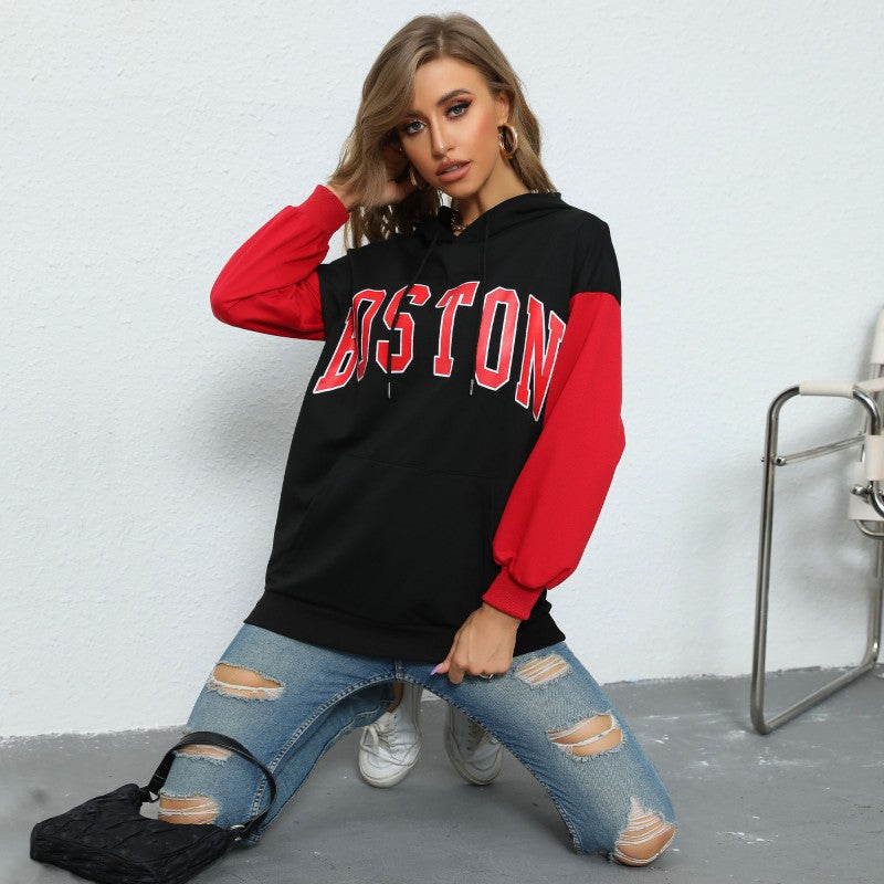 Women's Oversize Hoodie with Blocking Sleeves and Boston Front Print Mune Fashion