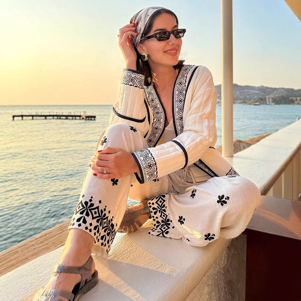 Women Quilted Kimono Cardigan with Geometric Embroidery Mune Fashion