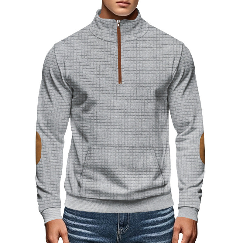 Men's quilted half-zip sweatshirt with stand-up collar, kangaroo pocket, and faux leather elbow patches Mune Fashion