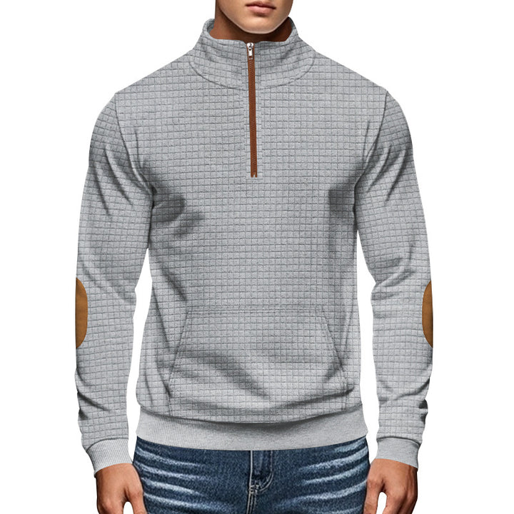 Men's quilted half-zip sweatshirt with stand-up collar, kangaroo pocket, and faux leather elbow patches Mune Fashion