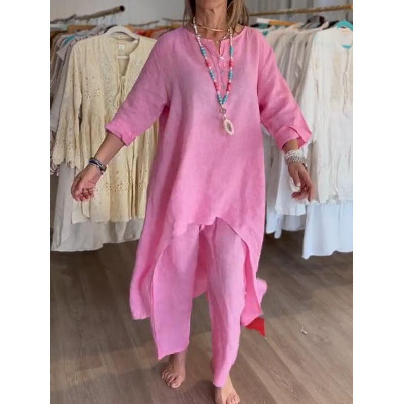 Women's Midi-Length Linen Tunic Set with Asymmetric Hem and Wide Palazzo Pants Mune Fashion