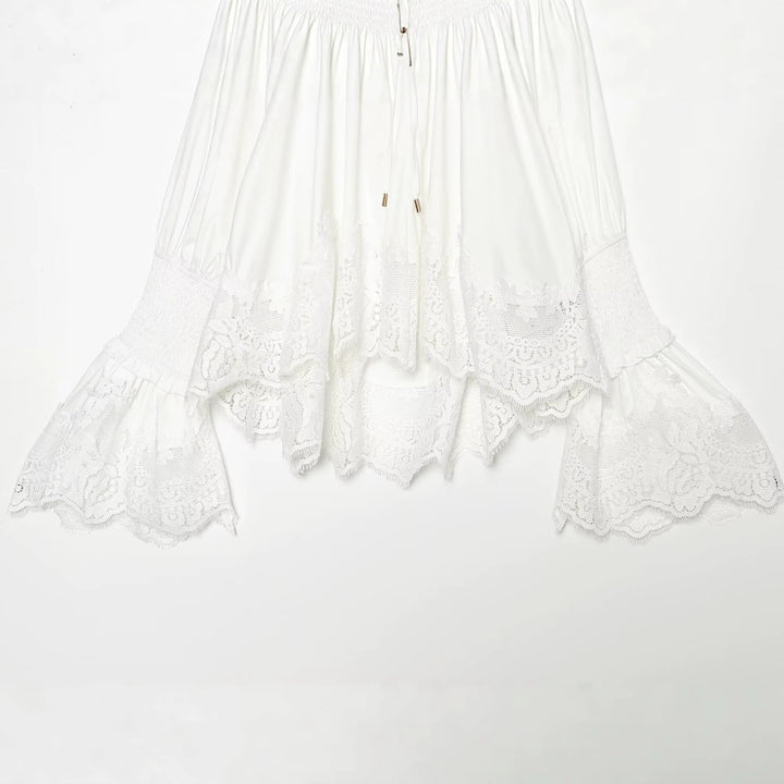Women's blouse with high ruffle collar, embellished cuffs and lace trim Mune Fashion