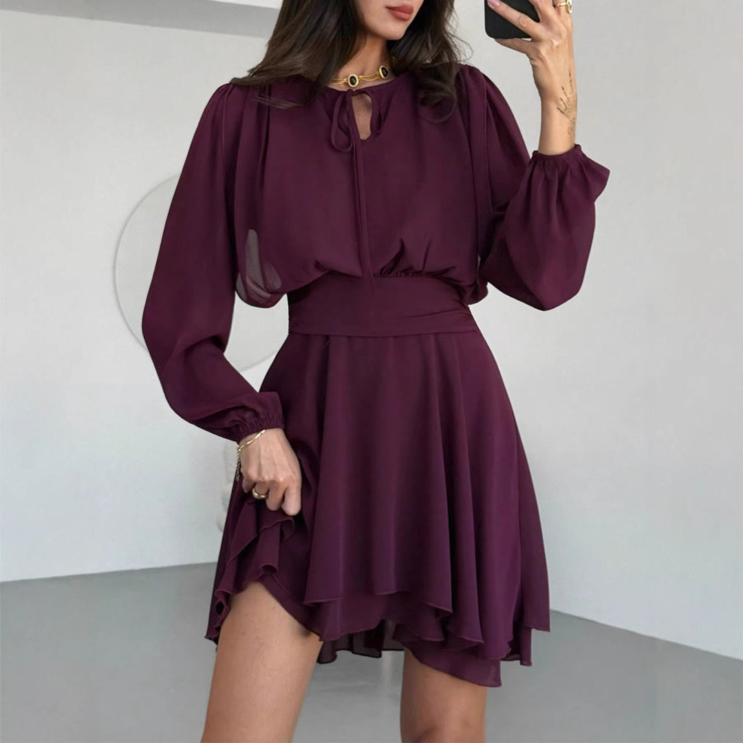 Women's Elegant flowing chiffon dress with gathered waist yoke, long balloon sleeves and tie collar Mune Fashion