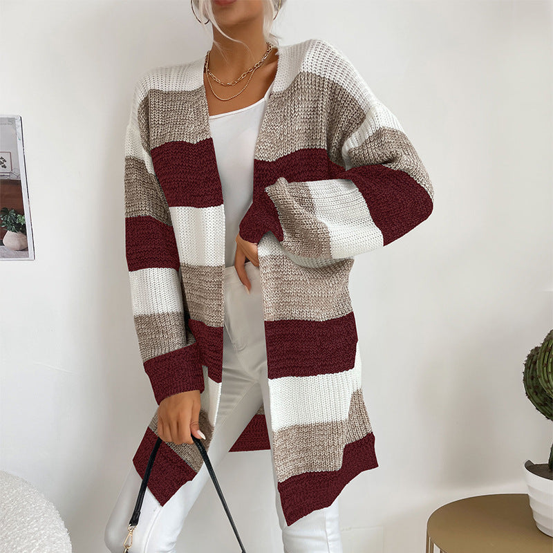 Women's Long Oversized Knit Cardigan with Block Stripes and Open Front Mune Fashion