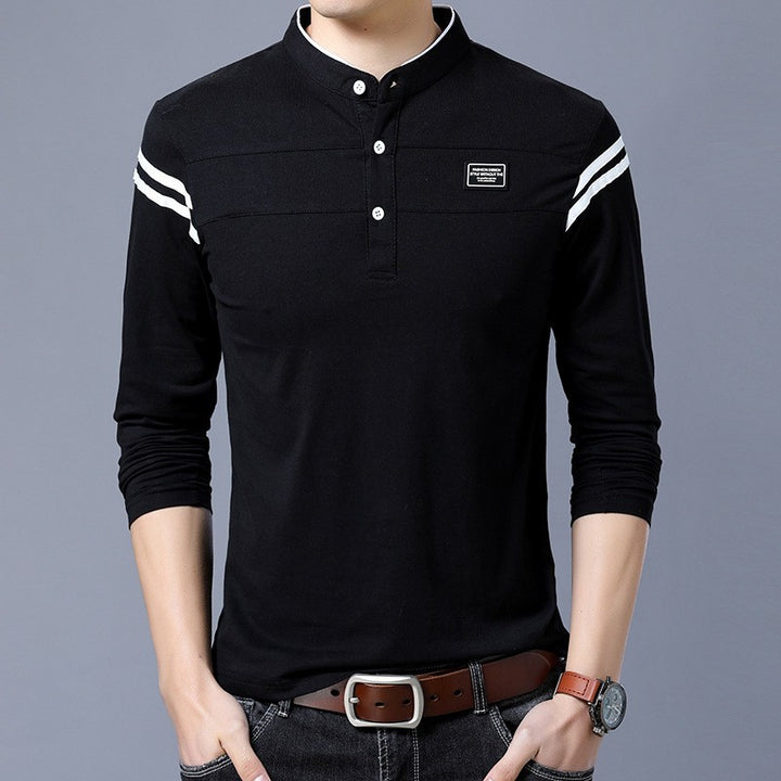 Men's Slim-Fit Long Sleeve Henley with Stand Collar and Shoulder Stripes Mune Fashion