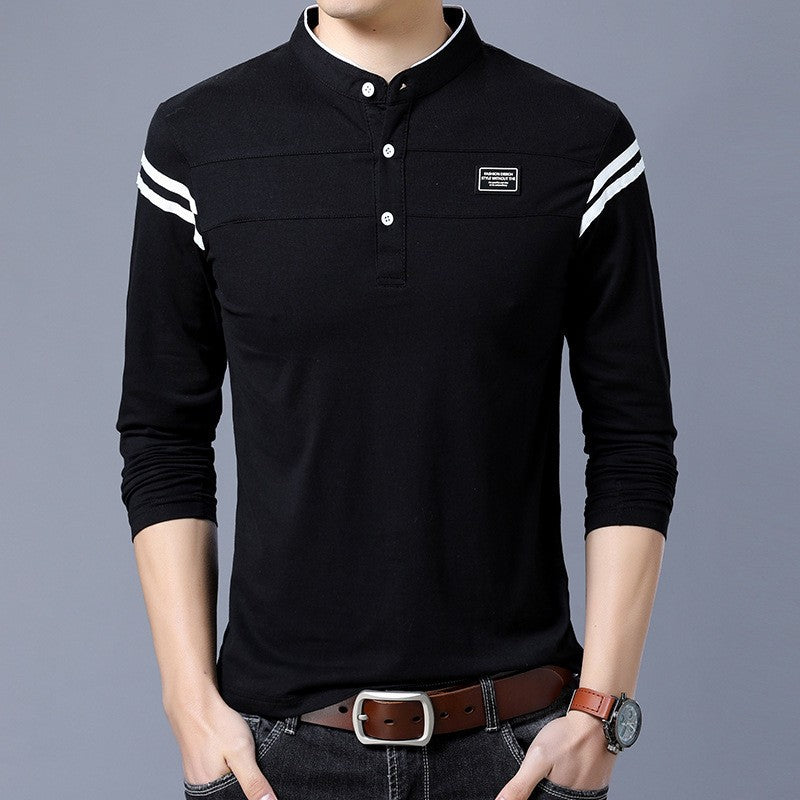 Men's Slim-Fit Long Sleeve Henley with Stand Collar and Shoulder Stripes Mune Fashion