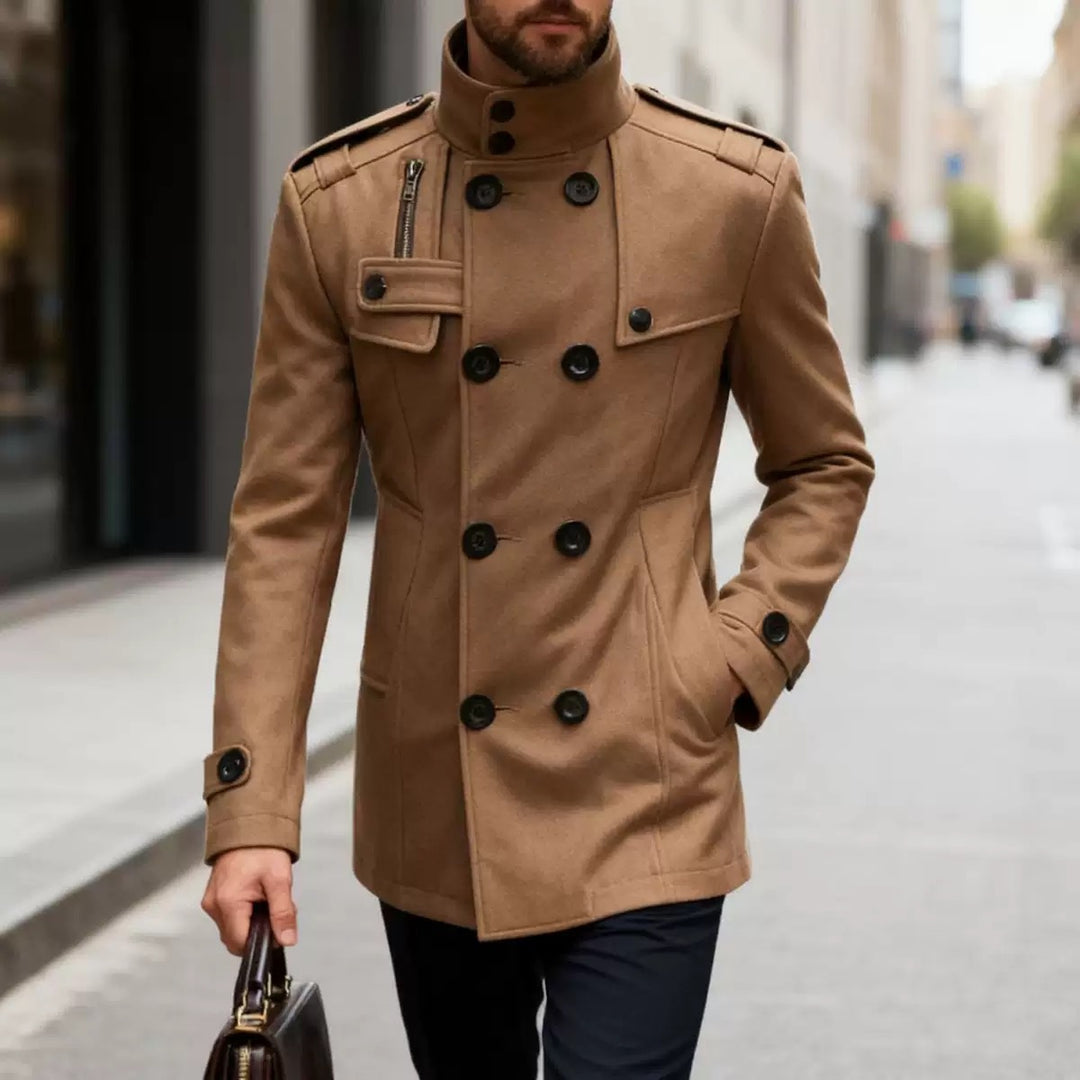 Men's tailored double-breasted short coat with stand-up collar and shoulder flaps Mune Fashion