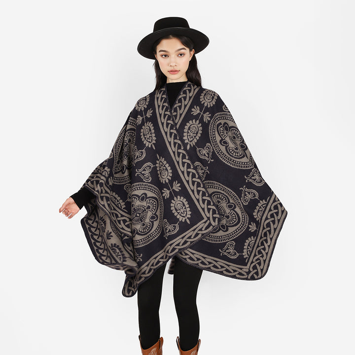 Women's Oversized Cape with Ornamental Jacquard and Asymmetrical Pointed Hem Mune Fashion