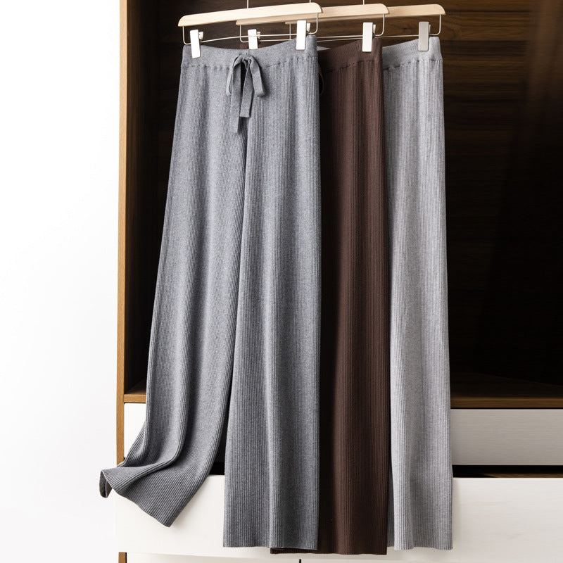 Women’s Wide Ribbed Knit Pants with Drawstring and Flowing Palazzo Silhouette Mune Fashion