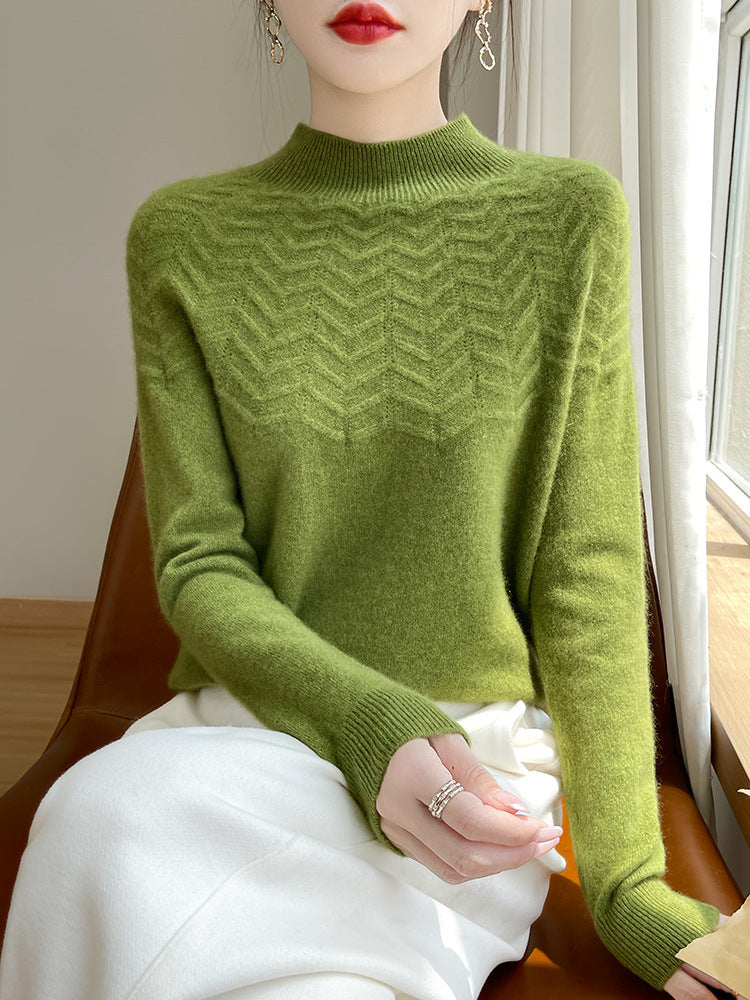 Women's Soft Fine Knit Mock Neck Sweater with Chevron Ajour and Cashmere Look Mune Fashion