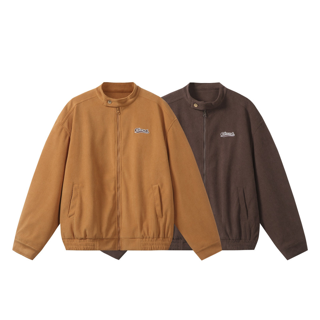 Unisex loose-fitting corduroy blouson jacket with stand-up collar, full-length zipper, and elastic hem Mune Fashion