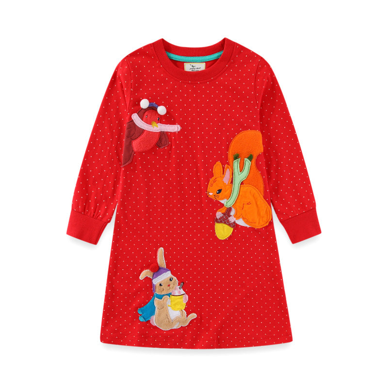 Girls Long Sleeve Dress with Colorful Animal Appliqués Mune Fashion