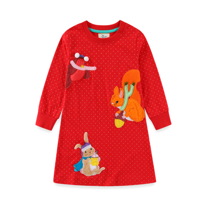 Girls Long Sleeve Dress with Colorful Animal Appliqués Mune Fashion
