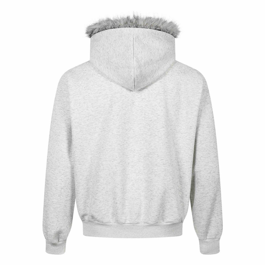 Women's hooded sweatshirt jacket with artificial fur trim, front zip and collage print Mune Fashion