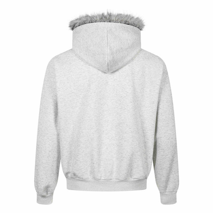 Women's hooded sweatshirt jacket with artificial fur trim, front zip and collage print Mune Fashion