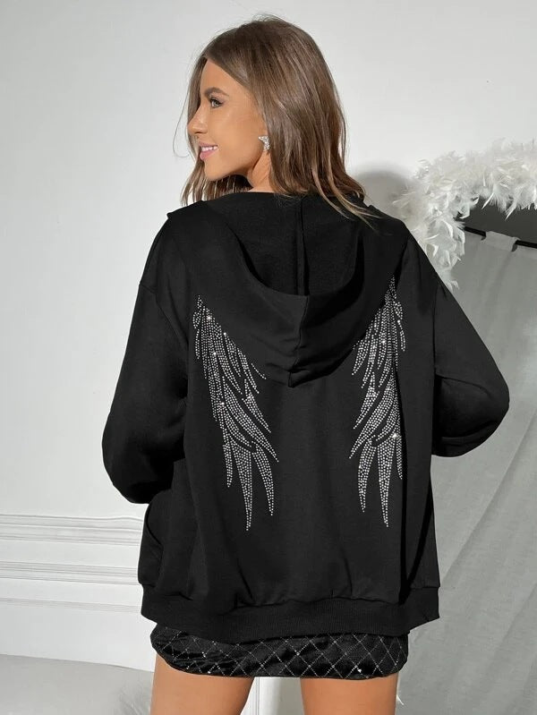 Women Oversize Hoodie with sparkling rhinestone angel wing back Mune Fashion